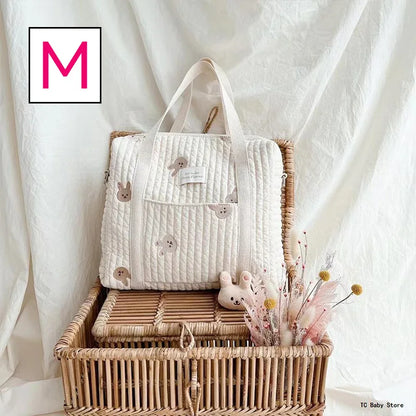 Baby Zipper Diaper Handbag Cotton Bag with Cute Bear Embroidery
