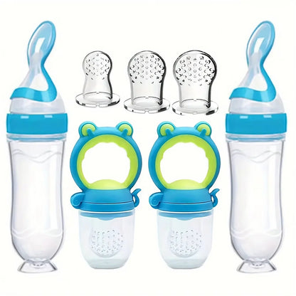 7 Pcs Baby Feeding Set Silicone Bottle with Spoon Fruit Feeder Pacifier Set