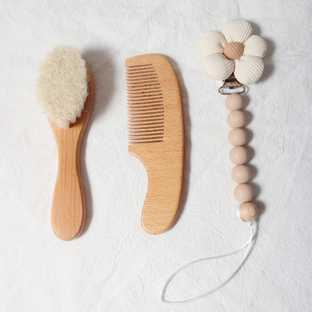 Baby Comb Brush Set Newborn Gift Natural Wooden Comb Bib Pacifier Clip