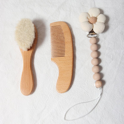 Baby Comb Brush Set Newborn Gift Natural Wooden Comb Bib Pacifier Clip