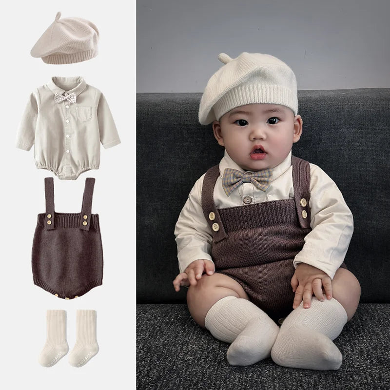 Newborn Baby 4PCS Romper Overalls Hat Socks Set Spring Autumn Boy