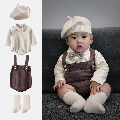 Newborn Baby 4PCS Romper Overalls Hat Socks Set Spring Autumn Boy