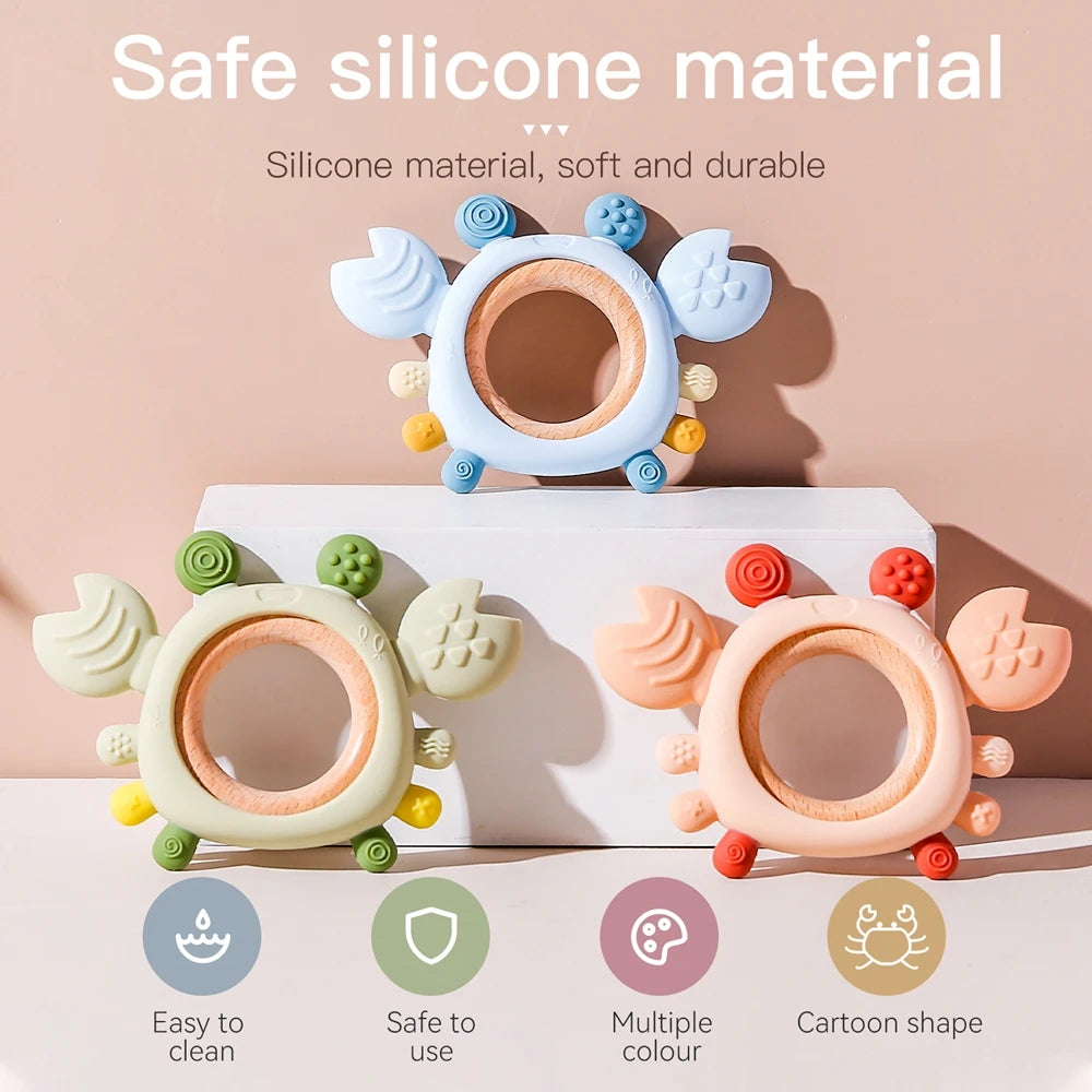 Silicone Baby Teether Crab Wooden Ring BPA-Free Teething Toy 0–6M