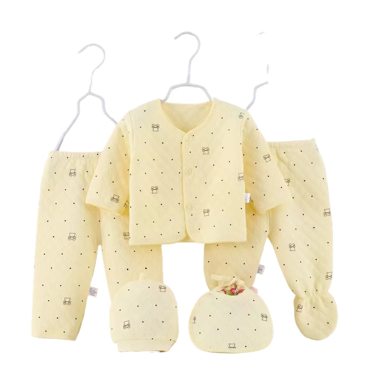 Baby Cotton Quilted 5-Piece Clothing Set Newborn Pajamas Hat & Bib