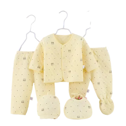 Baby Cotton Quilted 5-Piece Clothing Set Newborn Pajamas Hat & Bib