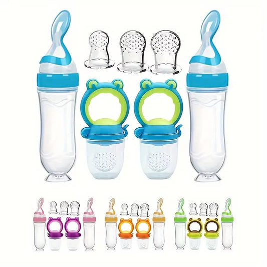 7 Pcs Baby Feeding Set Silicone Bottle with Spoon Fruit Feeder Pacifier Set