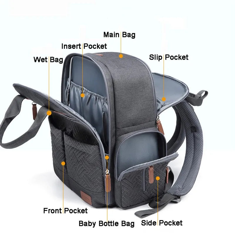 Large Capacity Waterproof Diaper Backpack Multi-Functional Mom Bag