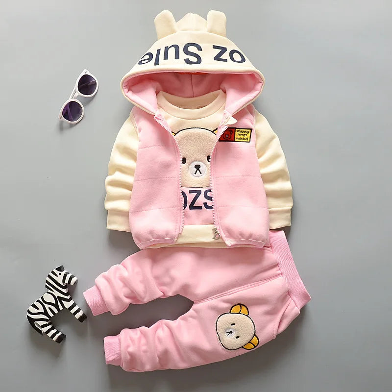 Baby Autumn Winter Clothing Set Boys Girls Hooded Cartoon Bear Thick Velvet 3-Piece Suit 0-4Y