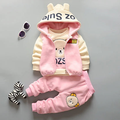 Baby Autumn Winter Clothing Set Boys Girls Hooded Cartoon Bear Thick Velvet 3-Piece Suit 0-4Y