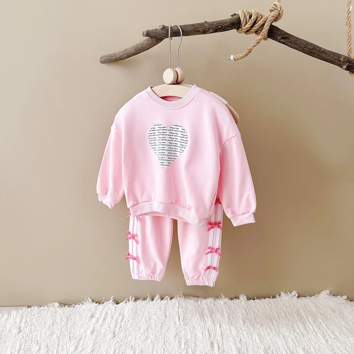Baby Girl Outfit Set Cotton Love Sweatshirt + Bow Pants Long Sleeve Toddler Clothing