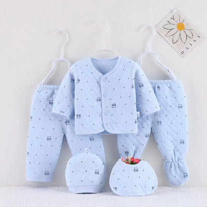 Baby Cotton Quilted 5-Piece Clothing Set Newborn Pajamas Hat & Bib