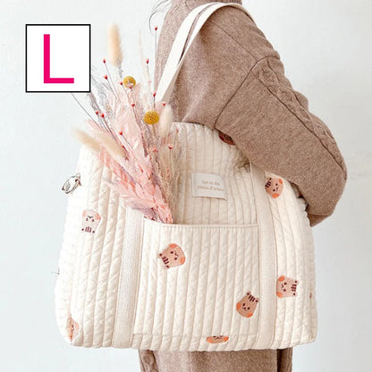 Baby Zipper Diaper Handbag Cotton Bag with Cute Bear Embroidery