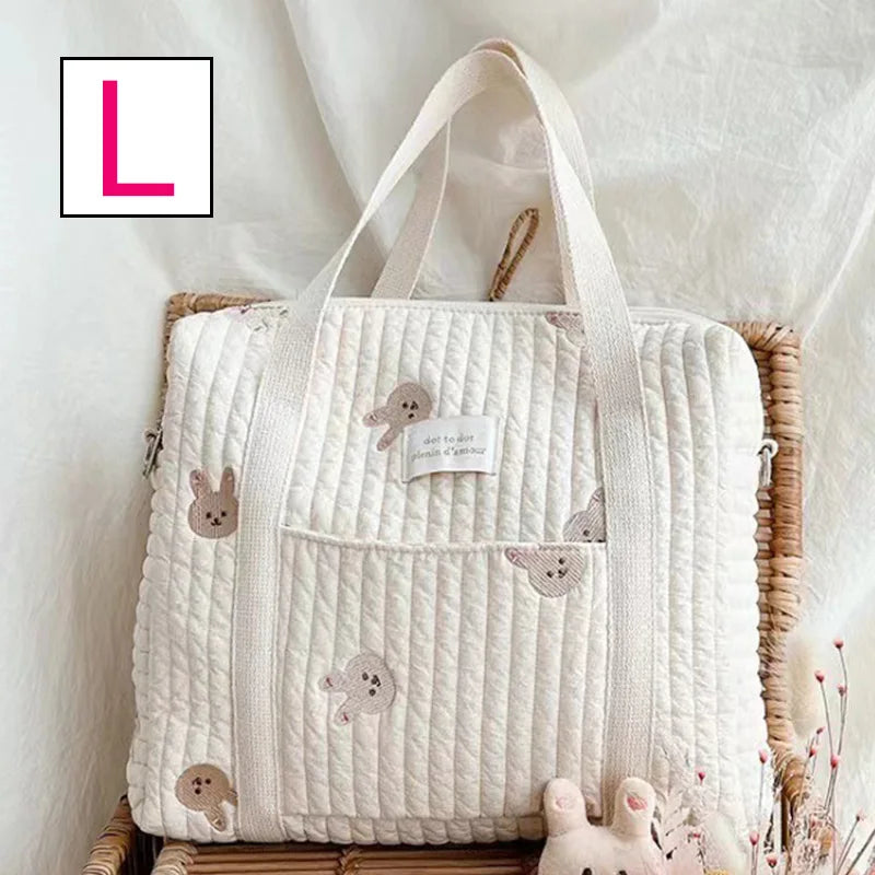 Baby Zipper Diaper Handbag Cotton Bag with Cute Bear Embroidery
