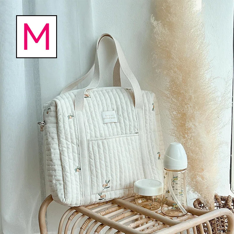 Baby Zipper Diaper Handbag Cotton Bag with Cute Bear Embroidery