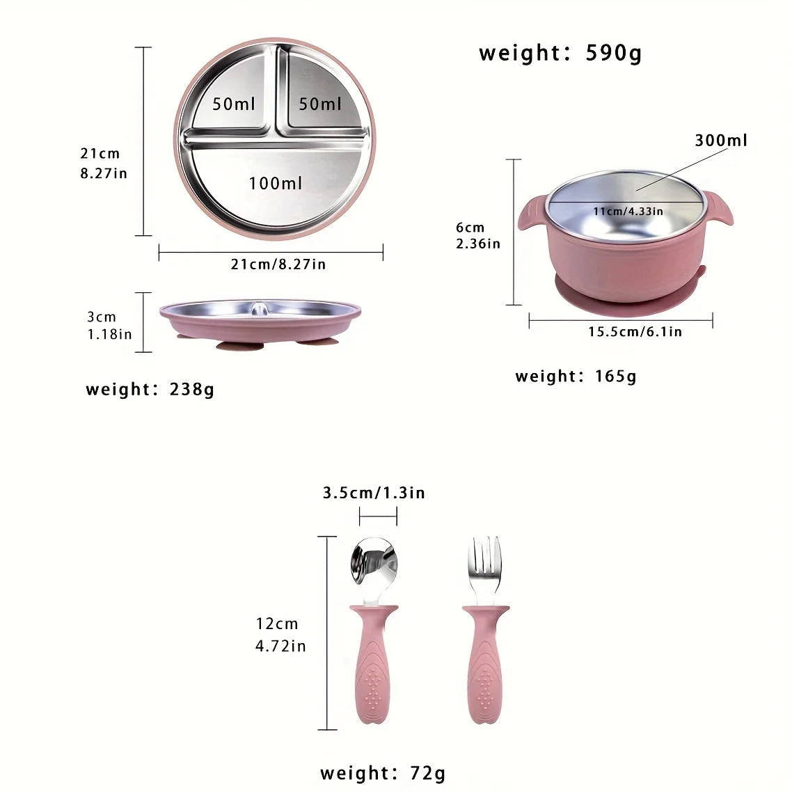 Mother Baby 3-Piece Feeding Set Stainless Steel Silicone Plate Bowl Fork Spoon Baby Food Supplement