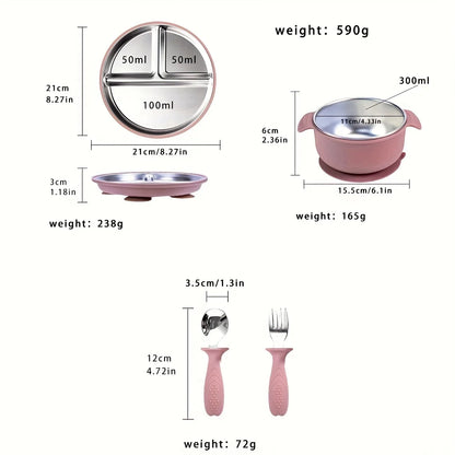 Mother Baby 3-Piece Feeding Set Stainless Steel Silicone Plate Bowl Fork Spoon Baby Food Supplement
