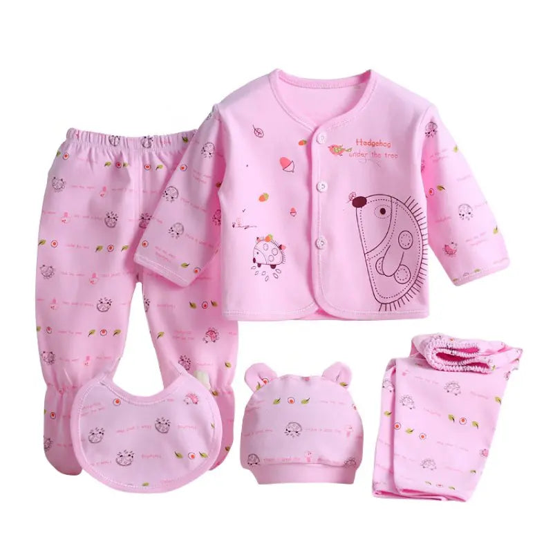 5PCS Newborn Baby Clothes Set Cotton Top Pants Hat Bibs 0-3M