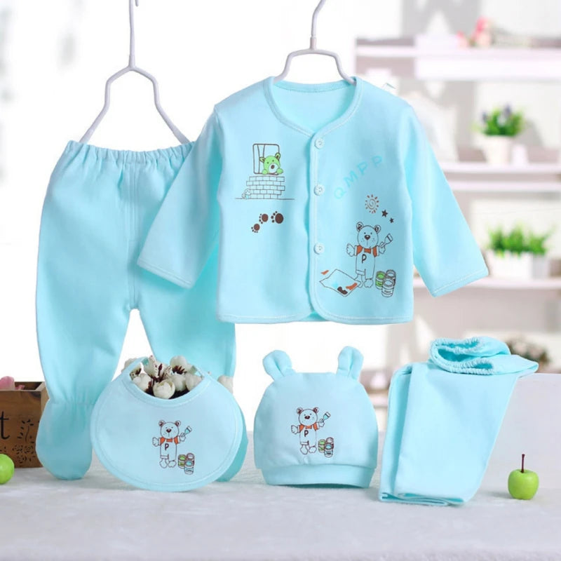 Newborn Baby Clothing Set Tops Pants Bib Hat Cotton Cartoon Print 0-3 Months