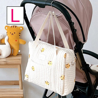 Baby Zipper Diaper Handbag Cotton Bag with Cute Bear Embroidery