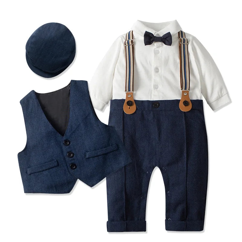 Baby Boys Gentleman Romper Suit Jacket Hat Outfit Spring Autumn