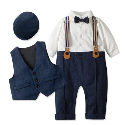 Baby Boys Gentleman Romper Suit Jacket Hat Outfit Spring Autumn