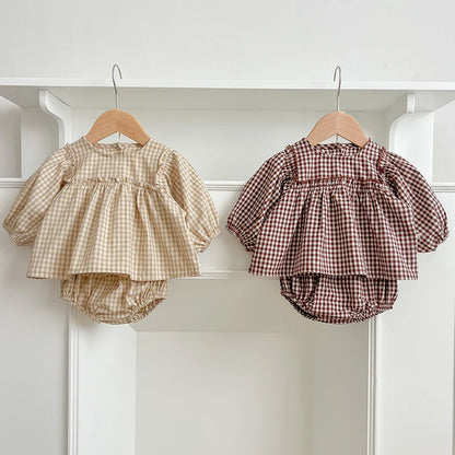 Baby Cotton Clothes Set 0-2Y Plaid Tee + Bloomer 2PCS Toddler Outfit