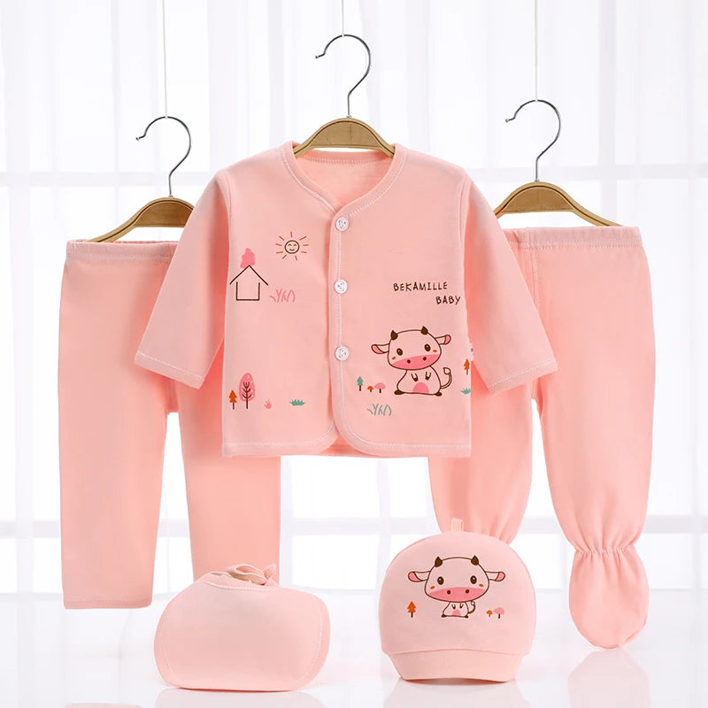 Newborn Baby 5PCS Clothes Set Shirt Pant Bib Hat Infant Girl Boy Outfit