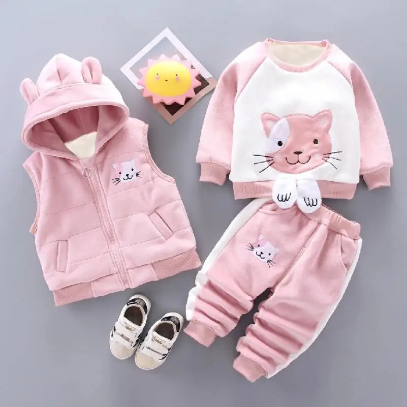 Baby Autumn Winter Clothing Set Boys Girls Hooded Cartoon Bear Thick Velvet 3-Piece Suit 0-4Y