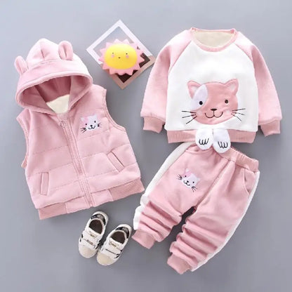 Baby Autumn Winter Clothing Set Boys Girls Hooded Cartoon Bear Thick Velvet 3-Piece Suit 0-4Y