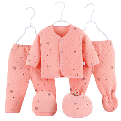 Baby Cotton Quilted 5-Piece Clothing Set Newborn Pajamas Hat & Bib