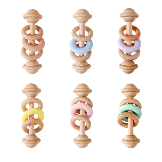 Baby Wooden Rattles Silicone Ring Teether 0-12M Sensory Toys Baby Gifts