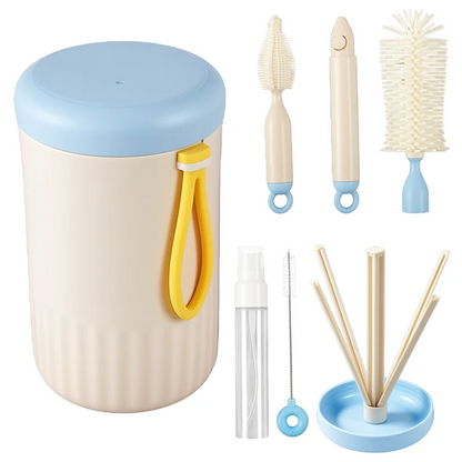 Travel Baby Bottle Cleaner Brush Set Foldable Drying Rack Essential Kit