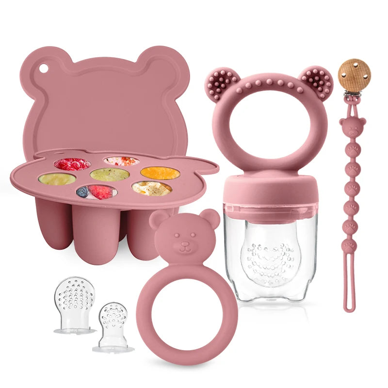 BPA-Free Silicone Baby Essentials Set Fruit Feeder Pacifier Clip Bear Teether