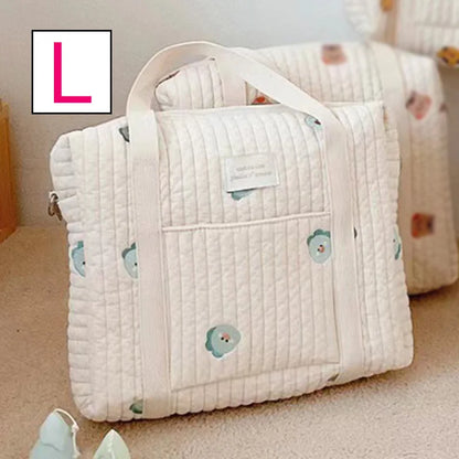 Baby Zipper Diaper Handbag Cotton Bag with Cute Bear Embroidery