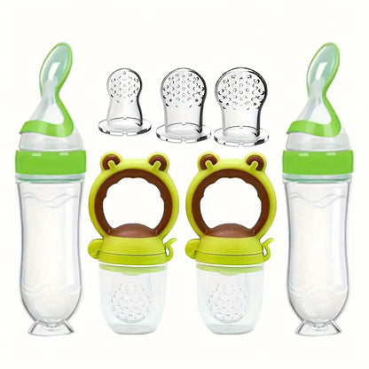 7 Pcs Baby Feeding Set Silicone Bottle with Spoon Fruit Feeder Pacifier Set