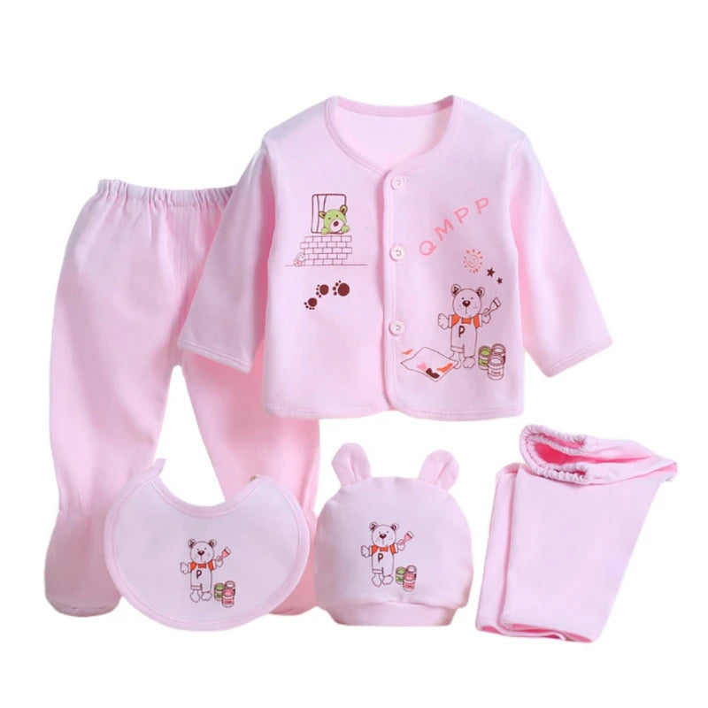 Newborn Baby Clothing Set Tops Pants Bib Hat Cotton Cartoon Print 0-3 Months