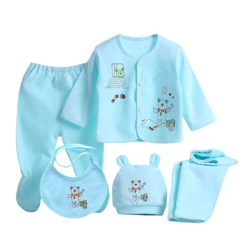 Newborn Baby Clothing Set Tops Pants Bib Hat Cotton Cartoon Print 0-3 Months