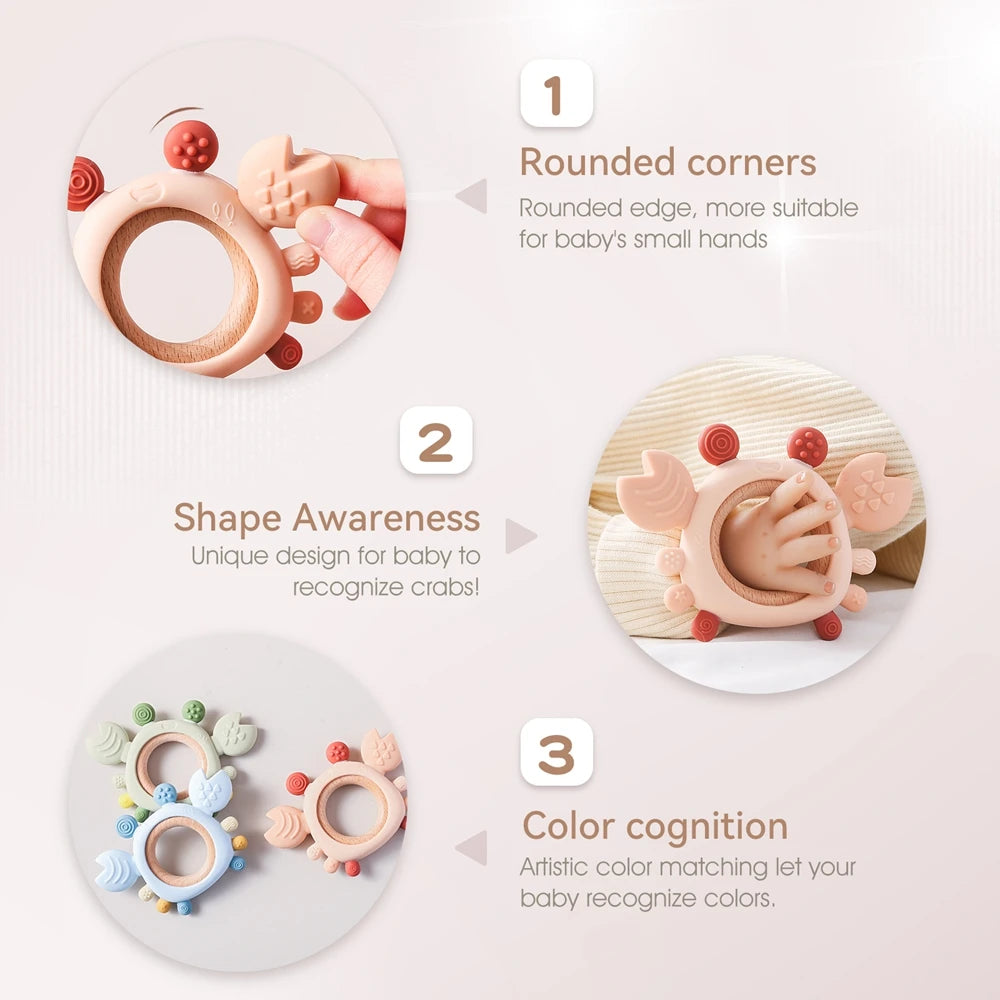 Silicone Baby Teether Crab Wooden Ring BPA-Free Teething Toy 0–6M