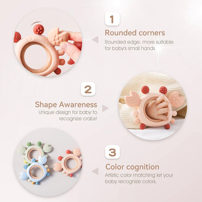 Silicone Baby Teether Crab Wooden Ring BPA-Free Teething Toy 0–6M