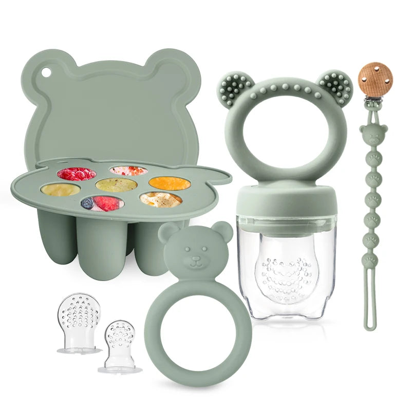 BPA-Free Silicone Baby Essentials Set Fruit Feeder Pacifier Clip Bear Teether