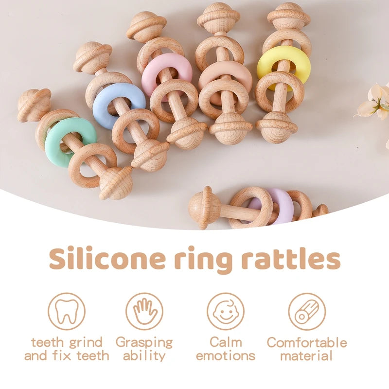 Baby Wooden Rattles Silicone Ring Teether 0-12M Sensory Toys Baby Gifts