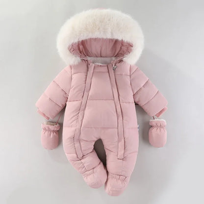 Winter Baby Girl Romper Hooded Jumpsuit Gloves 0-18M