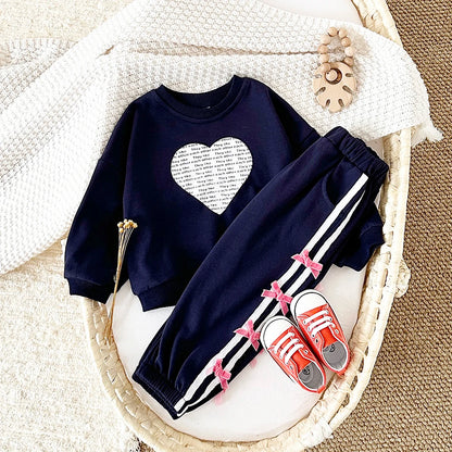 Baby Girl Outfit Set Cotton Love Sweatshirt + Bow Pants Long Sleeve Toddler Clothing