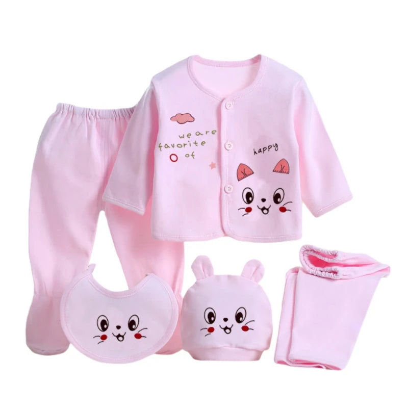 Newborn Baby Clothing Set Tops Pants Bib Hat Cotton Cartoon Print 0-3 Months