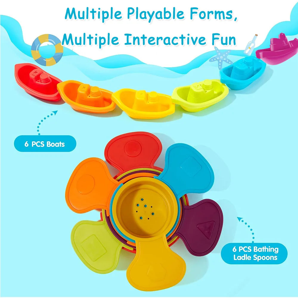 Baby Bath Stacking Boat & Spoon Toys Rainbow Color Fold Tower Early Education Gift