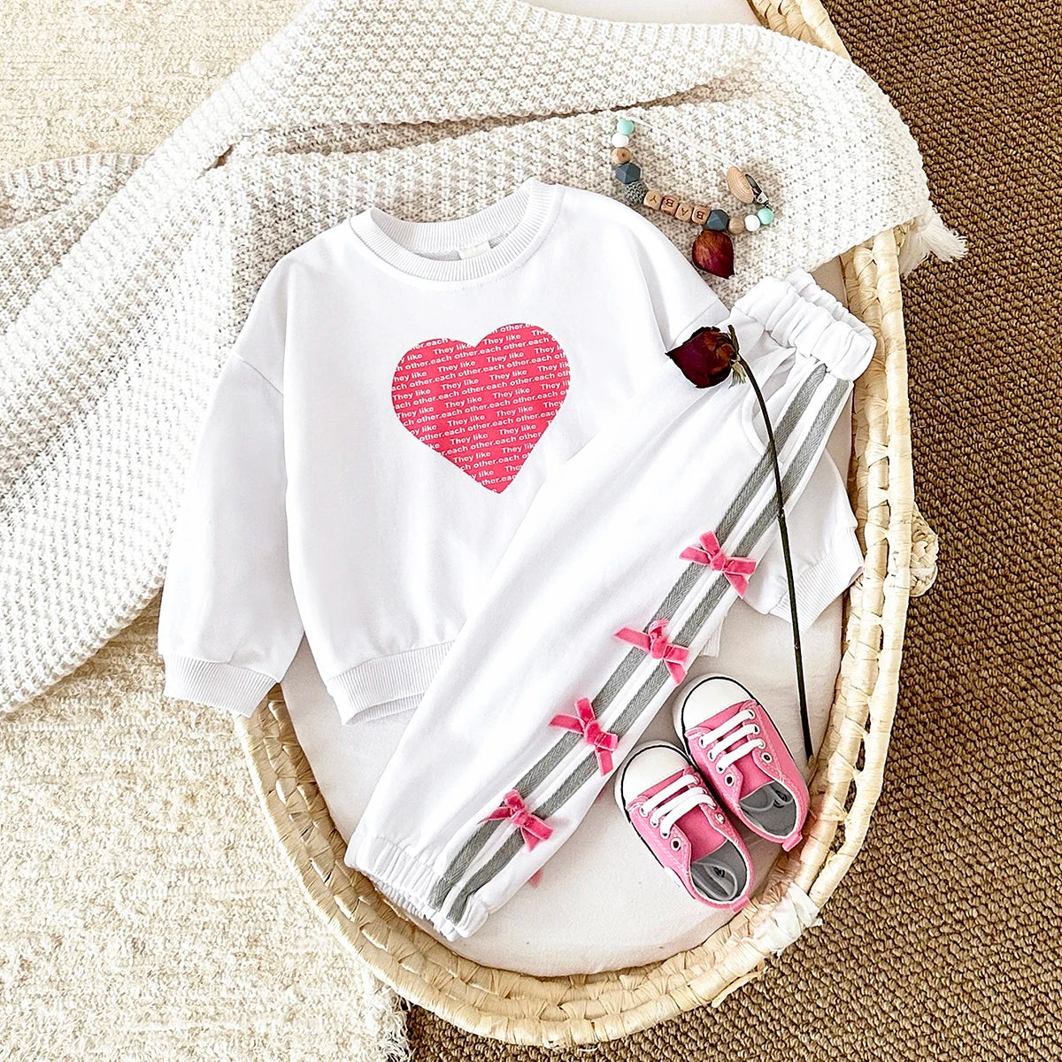 Baby Girl Outfit Set Cotton Love Sweatshirt + Bow Pants Long Sleeve Toddler Clothing