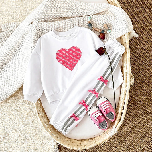 Baby Girl Outfit Set Cotton Love Sweatshirt + Bow Pants Long Sleeve Toddler Clothing