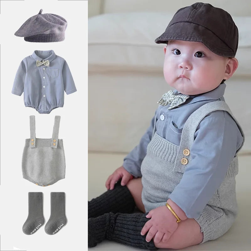 Newborn Baby 4PCS Romper Overalls Hat Socks Set Spring Autumn Boy