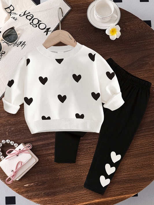 2-Pack Baby Girl Long Sleeve Trousers Set Heart Print Top & Elastic Waist Pants