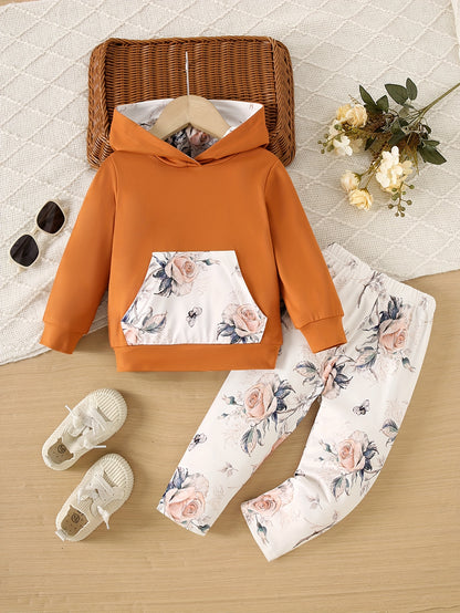 Baby Girl 2-Piece Pants Set Rose Flower Hooded Sweatshirt & Slim Print Trousers